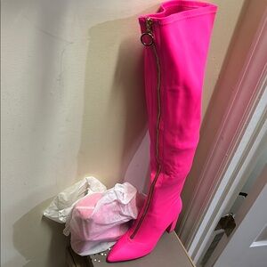 Vibrant Pink Over the Knee Boots with Form-Fitting Design